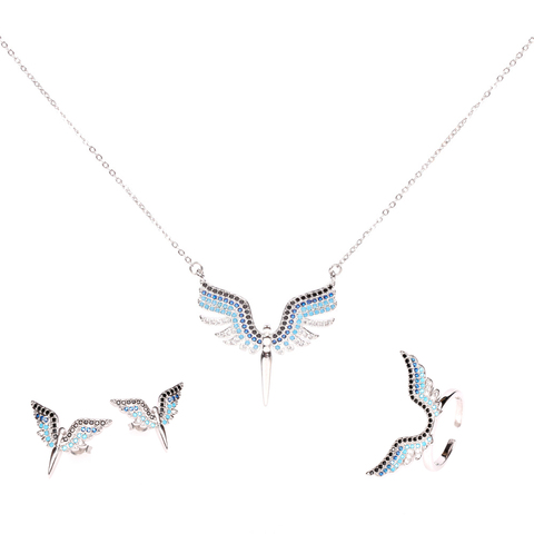 EYIKA  Angel Wings Mix Color Zircon Necklace Earring Ring Gold Silver Color Women Three-piece Jewelry Sets for Engagement Party ► Photo 1/6