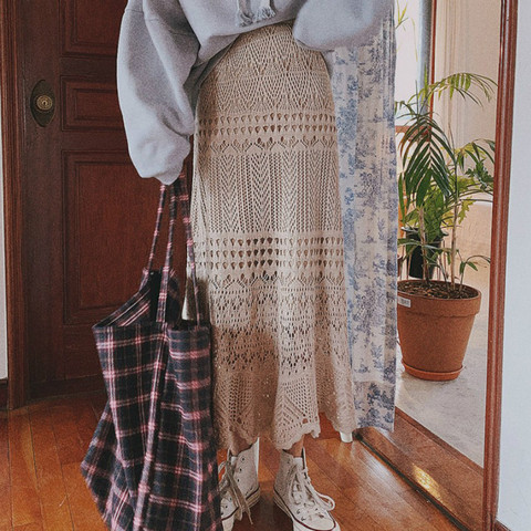Elastic High Waist Long Knitted Skirt Women Summer Sexy Hollow Out Wrap Hip Midi Skirts ► Photo 1/5
