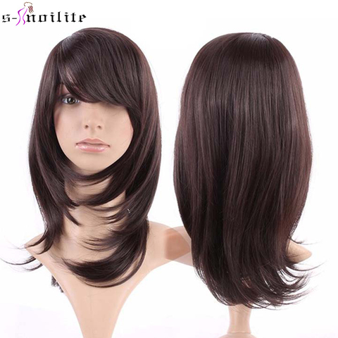 SNOILITE 13inch Women Wig Ladies Cosplay Party Daily Straight Streak Dark Brown wig Natural Dress Synthetic Hair Wigs With Bangs ► Photo 1/6