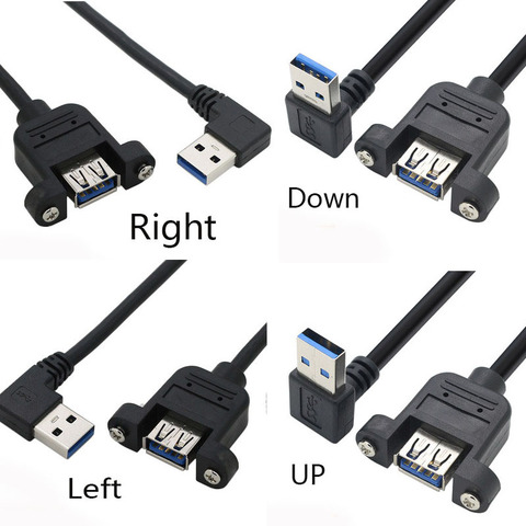 USB Cable 3.0 Extension Male to Female extender cable cord Dual Shielded Screw Panel Mount left 90 degree down right 0.25M ► Photo 1/6