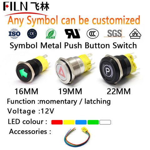 FILN 16mm 19mm 22mm 12v LED 1NO1NC metal push button switch dashboard custom symbol momentary latching on off car racing switch ► Photo 1/6