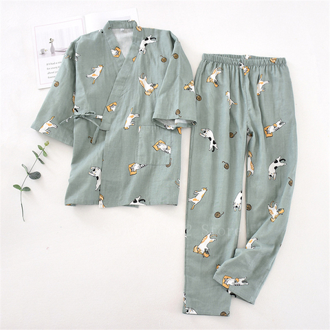 2PCS Japanese Lover Clothing Set Kawaii Printed Kimono Yukata Cotton Steaming Wear Pajamas Man Woman Bathrobe Nightgown ► Photo 1/6