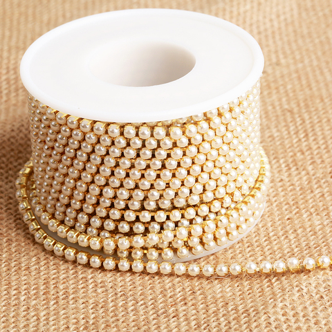 2mm 3mm 10yards Gold Pearl Rhinestone Cup Chain Glass Dense Rhinestone ABS Pearl Chain Trim Apparel Cup Chain For Garment ► Photo 1/6