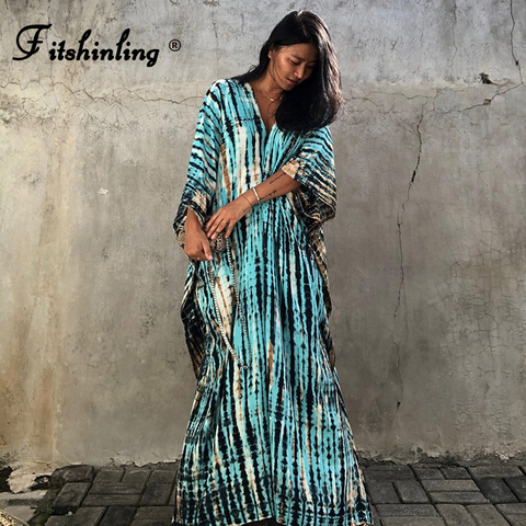 Fitshinling Halo Dyeing Vintage Beach Long Dress Women V Neck Oversize Robe Side Split Loose Kaftan Holiday Boho Maxi Dresses ► Photo 1/1