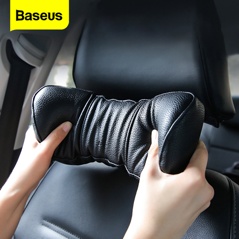 Black Car Headrest Neck Pillows Travel Cushion PU Leather & Memory