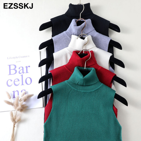 elegant Top spring autumn Knitted Tank top Women Blouse turtlenck sexy Sleeveless sweater vest Female slim top ► Photo 1/6