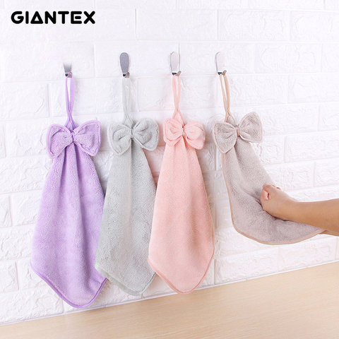 GIANTEX Lovely Bowknot Super Soft Absorbent Microfiber Hand Towel Hanging Bathroom Kitchen Towel Cleaning Cloth 30x30cm U1478 ► Photo 1/6