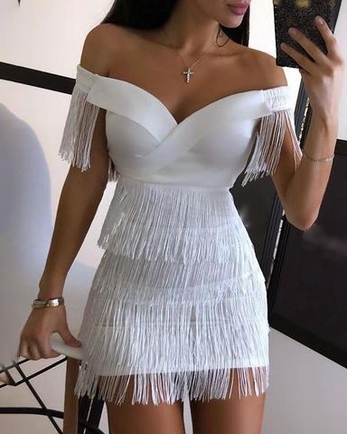 White Fringe Celebrity Evening Runway Party Dress Women Sexy Tassels Short Sleeve Club Dress Vestidos ► Photo 1/3