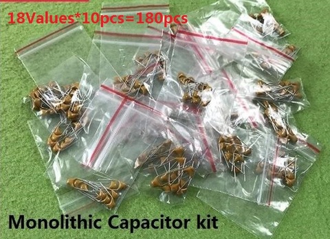 18values*10pcs=180pcs Monolithic Capacitor kit 20pF~1uF 5.08MM Pack 15PF 20PF 30PF 100PF 101 102 103 104 105 471 Assorted set ► Photo 1/1