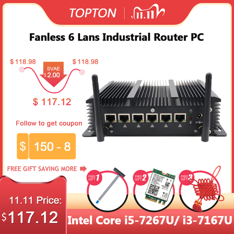 Fanless 6 Lans Industrial Mini PC Intel Core i5 7267U i3 7167U 3865U Firewall PC Pfsense Router 4*USB3.0 2*RS232 HDMI 4G/3G WiFi ► Photo 1/6