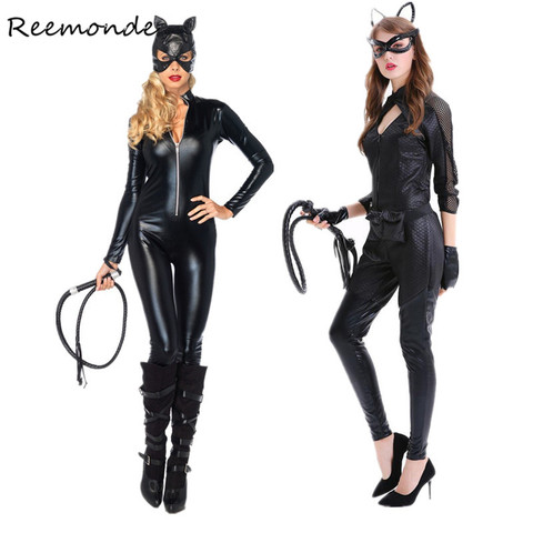 Adult Women Cat Women Cosplay Costumes Sexy Black Synthetic Leather Catsuit Jumpsuit With Whip Cosplay Halloween Fancy Dress ► Photo 1/6