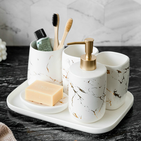 Nordic Marble Texture Bathroom Supplies Kit Matte Ceramic Bathroom Accessories Set Soap Dispenser -Toothbrush Holder-Soap Dish ► Photo 1/6