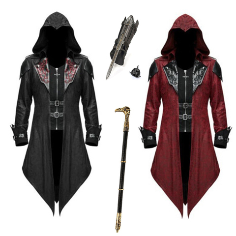 Vintage hooded costumes men long sleeve steampunk jacket gothic swallow-tail PU coat halloween cosplay costume killer uniform ► Photo 1/6