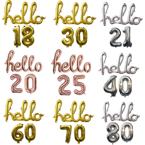 Gold Silver Hello Foil Balloons with 16inch Number Balloon Birthday 18 21 25 30 40 50 Years Old Birthday Party Decorations 3pcs ► Photo 1/6