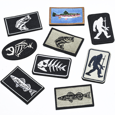 Fishbone Embroidery Patch Velcro Rectangular fish Badge Armband Orangutan Chest strip Stick on Caps Jacket Backpack Hook Loop ► Photo 1/6