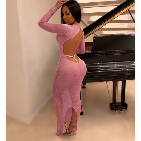 OMSJ Bright Sexy Backless Party Maxi Dress See-throught Long Sleeve Bodycon Beach Dresses Turtleneck Vestidos Clubwear Outfits ► Photo 1/6