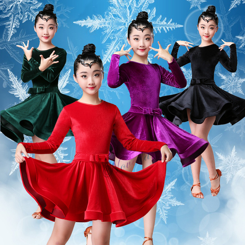 Velvet Long Sleeves Latin Dance Dress For Girls Children Kids Competition Ballroom Tango Salsa Dancewear Practice Wear Cha Cha ► Photo 1/6