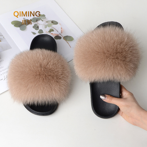 Women Summer Casual Fur Slippers Flat Non-slip Solid Real Fox Fur Slides fluffy Slippers Ladies Shoes Woman ► Photo 1/6