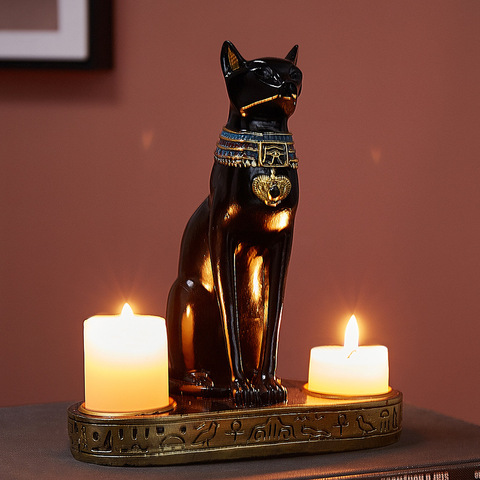Egyptian Cat Candlestick Resin Figurine Statue Decoration Vintage Cat Goddess Bastet Statue Home Office Garden Decoration Gift ► Photo 1/6
