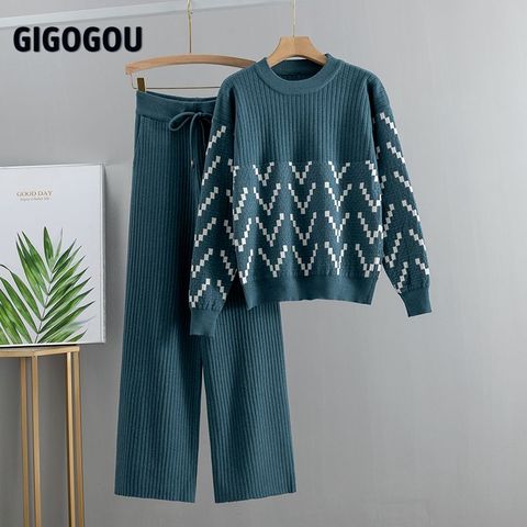 GIGOGOU Women Sweater Two Piece Knitted Sets Jacquard Tracksuit Chic Pullover Crewneck Long Sleeve Top Wide Leg Pants 2022 ► Photo 1/6