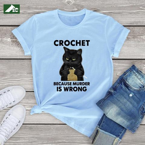 FLC 100% Cotton T Shirt For Women Black Cat Woman Clothes Funny Crochet Because Murder Is Wrong Harajuku TShirt Off White Tops ► Photo 1/6