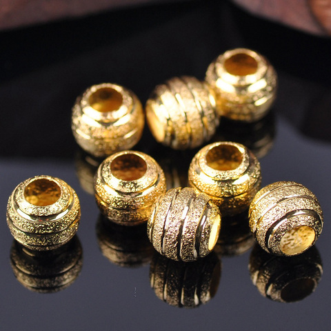 Gold Plated Color Round 8mm 10mm Hollow Matte Metal Brass Stripe Carved Big Hole Loose Beads lot for Jewelry Making DIY Crafts ► Photo 1/5