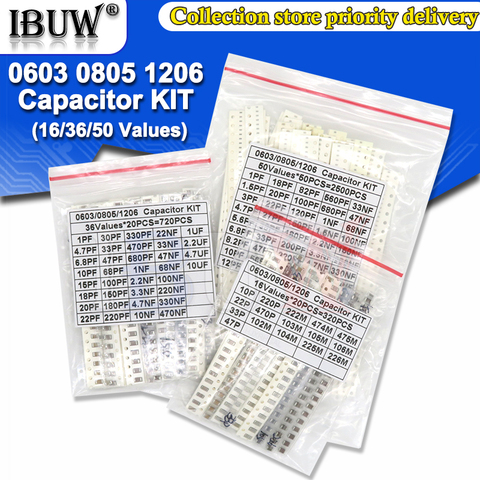 320PCS 720PCS 2500PCS 0603 0805 1206 SMD Capacitor Kit igmopnrq Assorted Kit 16/36/50Values ibuw 1PF ~ 1UF ► Photo 1/6