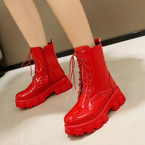 Red White Black Women Ankle Boots Platform Square Heel Ladies Ridding Boots Cross Tied Fashion Women Autumn Winter Shoes ► Photo 1/6