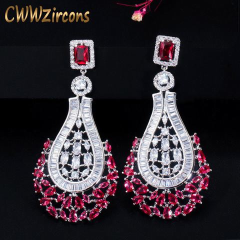 CWWZircons 70mm Luxury Statement Large Dangle Drop Rose Red CZ Earrings Vintage Wedding Bridal Party Costume Jewelry CZ664 ► Photo 1/6