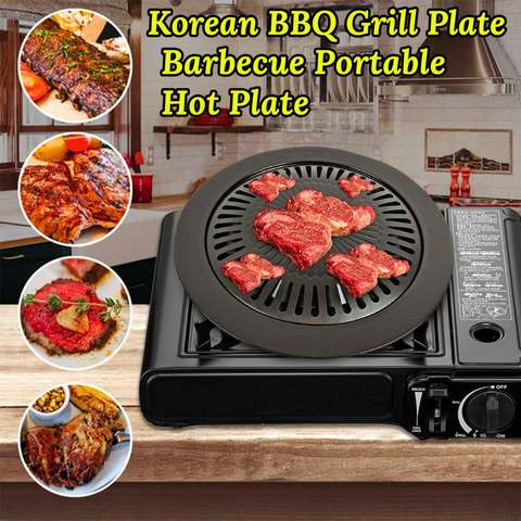 Round Iron Korean BBQ Grill Plate Barbecue Non-stick Pan Set with Holder Set