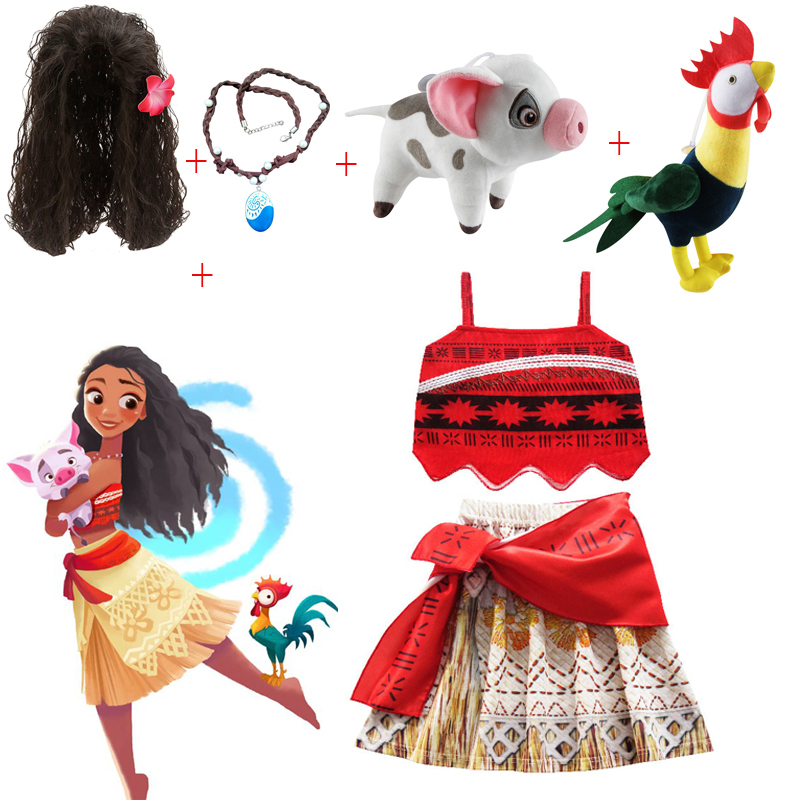 Buy Online Kids Girls Clothes Cosplay Princess Dress Moana Children Vaiana Girls Party Costume Dresses With Necklace Pet Pig Chick Girl Set Alitools