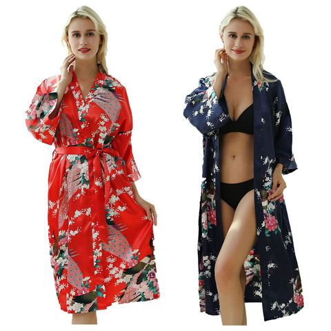 Lady Sexy Costumes Japanese Kimono Yukata Dress with Belt Satin Silk Cardigan Pajamas Sleepwear Woman Smooth Bathing Robe Gown ► Photo 1/6