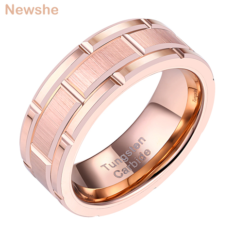 Newshe Men's Tungsten Carbide Ring 8mm Rose Gold Color Brick Pattern Brushed Bands For Him Wedding Jewelry Size 9-12 TRX080 ► Photo 1/6
