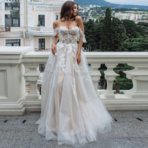 2022 Sexy Sweetheart Lace Appliques A Line Wedding Dresses Tulle Off Shoulder Sleeveless Wedding Gowns for Brides Formal Dress ► Photo 1/6