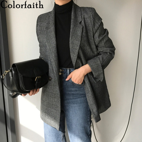 Colorfaith New 2022 Autumn Winter Women's Blazers Plaid Double Breasted Pockets Formal Jackets Checkered Outerwear Tops JK7113 ► Photo 1/6