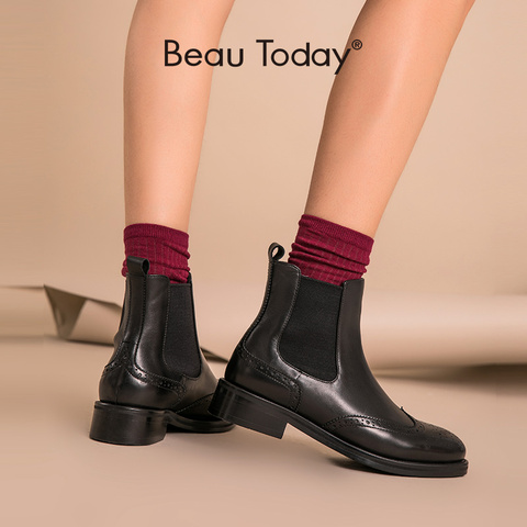 Chelsea Boots Women Brogue Boot BeauToday Brand Genuine Leather Wingtip Quality Calfskin Ankle Shoes Handmade Plus Size 03026 ► Photo 1/6