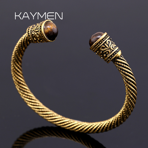 Kaymen Vintage Statement Cuff Bangle Bracelet for Men Women Unisex Jewelry Inlaid Tiger's-eye Stone Viking Bangle ► Photo 1/6