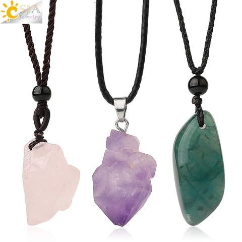 CSJA Irregular Natural Healing Stone Pendants Pink Quartz Fluorite Purple Crystal Pendulum Necklace for Women Men Jewelry G522 ► Photo 1/6