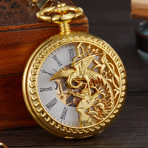 Vintage Mechanical Pocket Watch Hollow Phoenix Bird Roman Skeleton Clock Hand Winding Men Fob Chain Watches Double Case Clock ► Photo 1/6