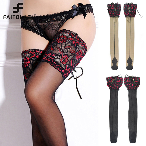 Women Sexy Fishnet Stockings Heel Back Seam Stockings Female Wide Lace Flower Silicone Cross Bandage Thigh High Stockings ► Photo 1/6