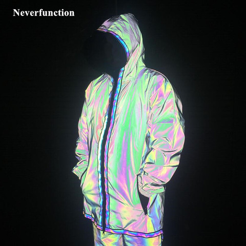 2022 Men Autumn night Colorful full reflective Hooded Jacket Long section Curved hem hip hop Loose Windbreaker waterproof Coats ► Photo 1/6