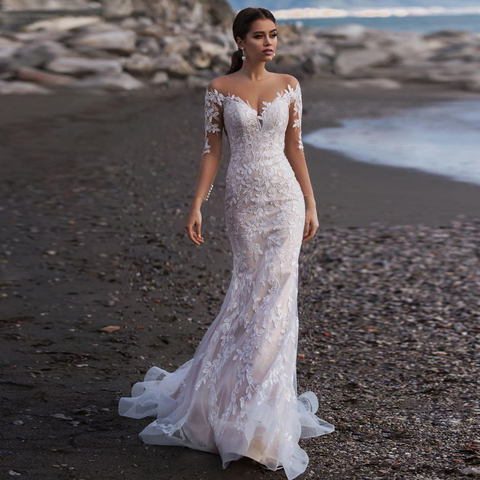 Sexy Scoop Long Sleeves Mermaid Wedding Dresses abito da sposa Sweep Train Lace Bridal Gown vestido de casamento ► Photo 1/6