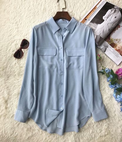 Women Shirts 100% Silk Long Sleeve Pockets Double Haut Femme Blouse Woman New 2022 ► Photo 1/6