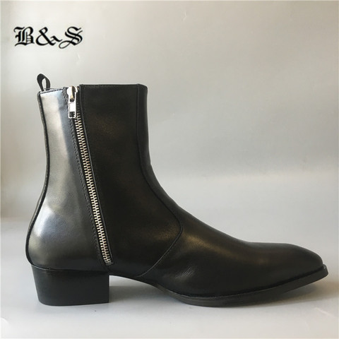Black& Street New Slim Fit  wedge Luxury genuine Leather Chelsea Zipper Boots 4cm heel High Men Dress wedding business Boots ► Photo 1/6