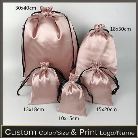 New Rose Gold Silk Satin Bag Custom Logo Packaging Bag Virgin Hair Extenssions/Makeup/Eyelash/Perfume Drawstring Gift Pouch ► Photo 1/6
