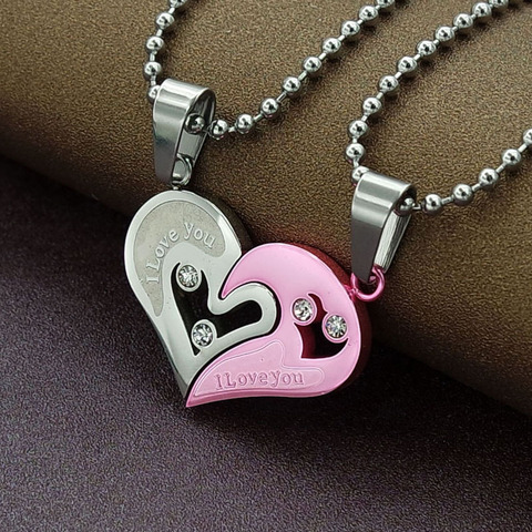 1Pair I Love You Black Gold Blue Pink Cat Crystal Heart Best Friend Couple Long Stainless Steel Chain Necklace Men Women Jewelry ► Photo 1/6