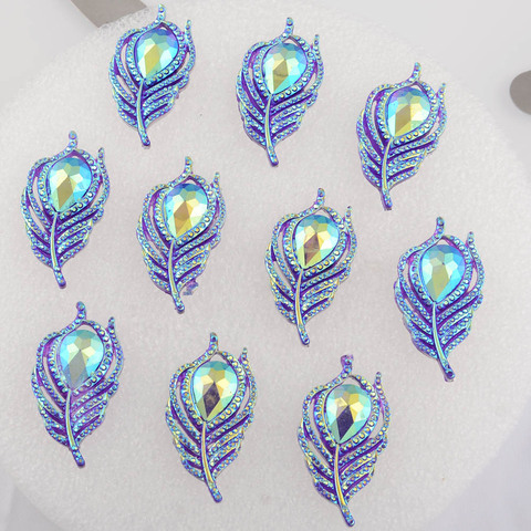 BOLIAO 10Pcs 20*38mm( 0.79in*1.5in ) Peacock Leaf Resin Shining Purple Crystal Flatback No Hole Glue Home Holiday Decoration ► Photo 1/3