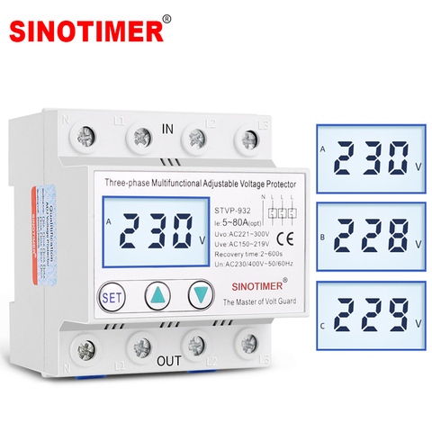 Din Rail Adjustable AC 380V 3 Phase Over and Under Voltage Protector Relays Voltmeter Monitors Phase Sequence Failure Protection ► Photo 1/6