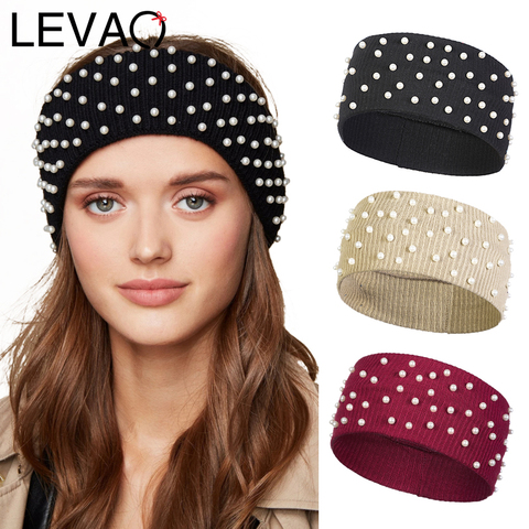 LEVAO Women Headband Solid Color Wide Turban with Pearl Cotton Knitted Girls Autumn Hairband Hair Accessories Headwrap Headdress ► Photo 1/6