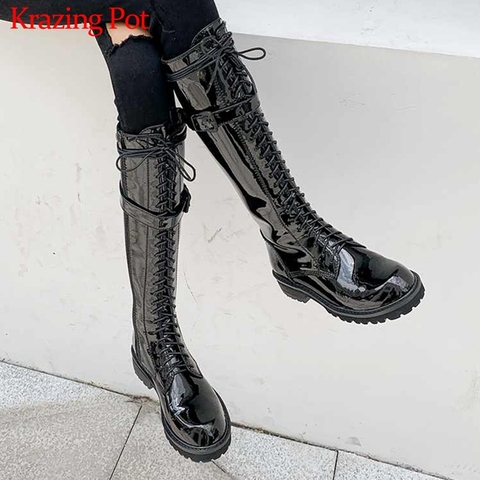 krazing pot winter cow leather cross-tied round toe rock singer equestrian boots big size keep warm thigh high riding boots l29 ► Photo 1/6